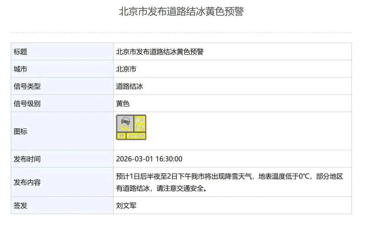 北京市发布道路结冰黄色预警