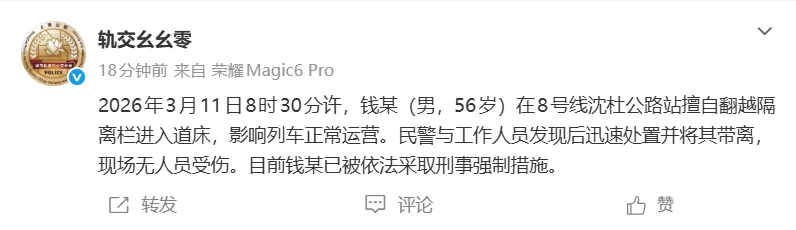 男子擅自翻越地铁隔离栏影响运营，上海轨交警方：已被采取刑事强制措施